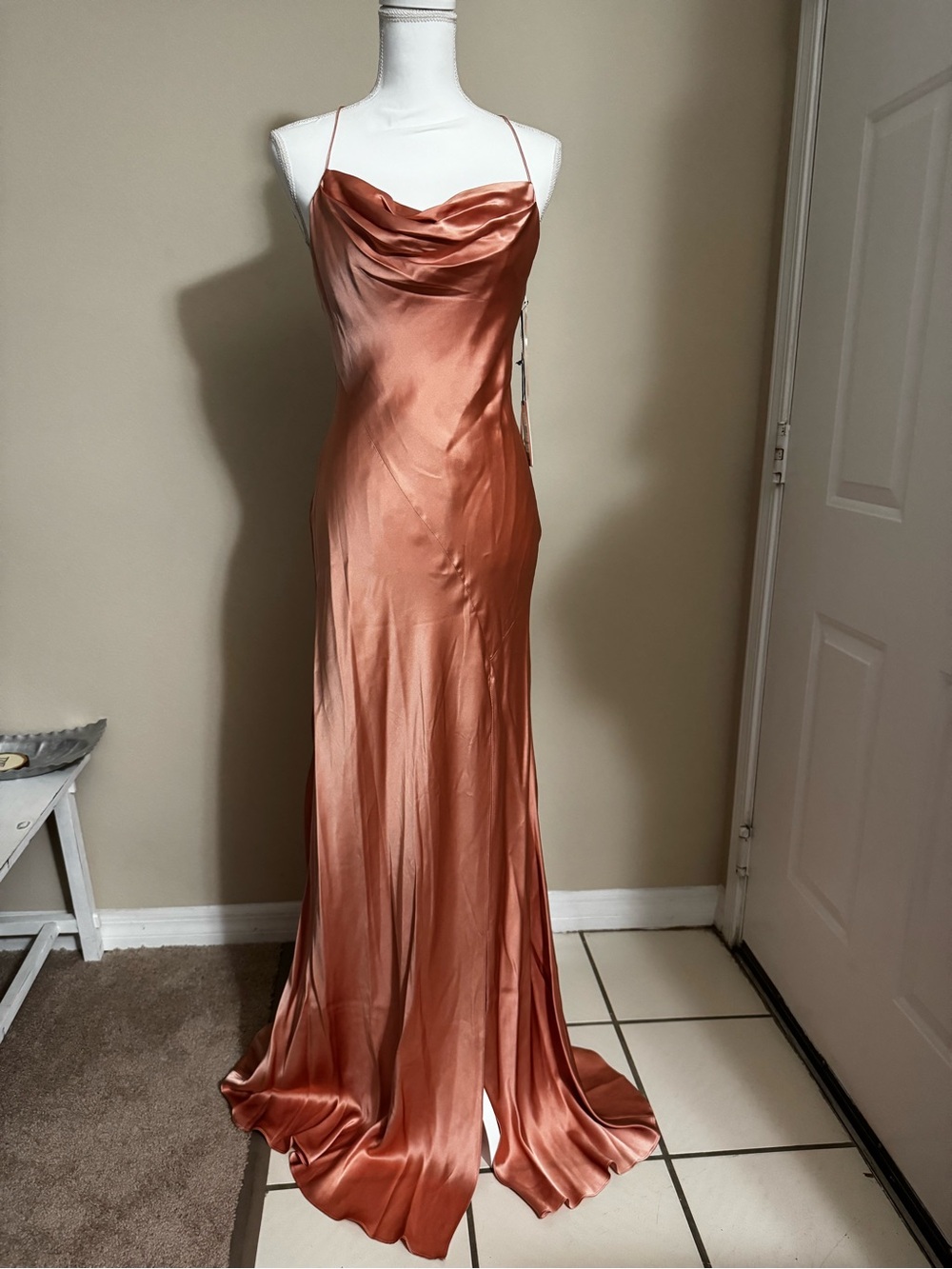 AMUR Copper Satin Cowl-Neck Maxi Dress